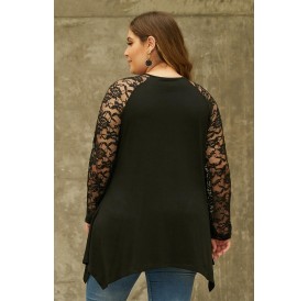 Black Plus Size Lace Yoke Stitching Asymmetic Hemline Top