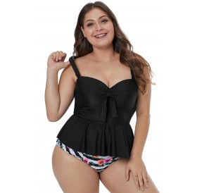 Black Plus Size Ruffled Tankini with Floral Panty