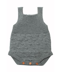 Grey Ribbed&Spotted Cotton Knit Sleeveless Baby Romper
