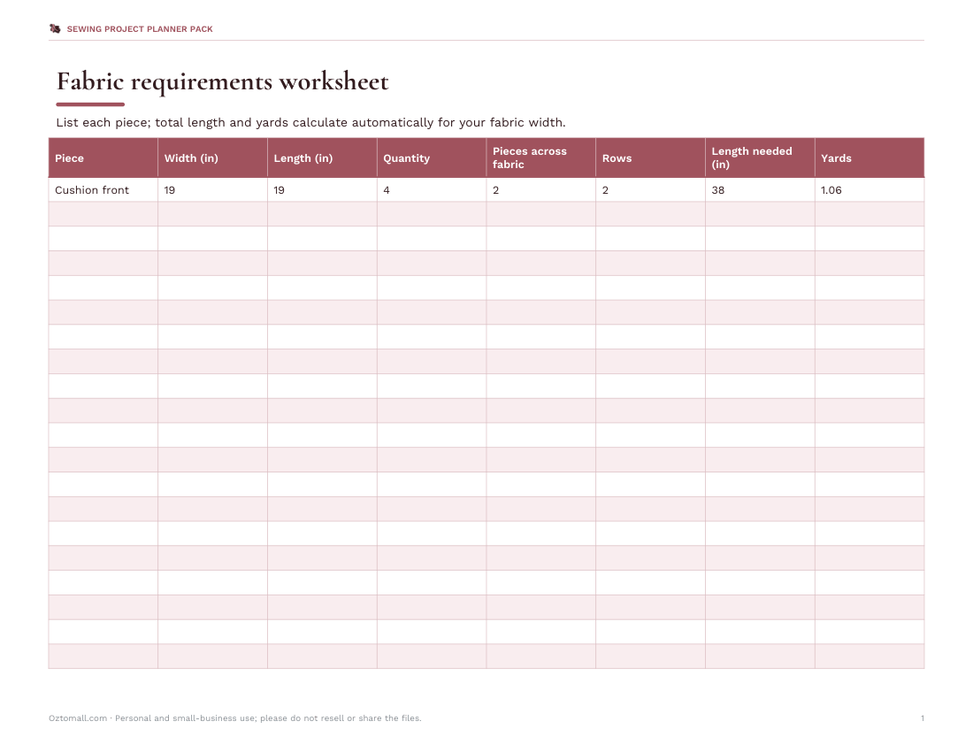 Preview of the first page of Fabric worksheet (XLSX)